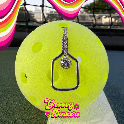 Sterling Silver Pickleball Paddle with Crystal Ball Necklace